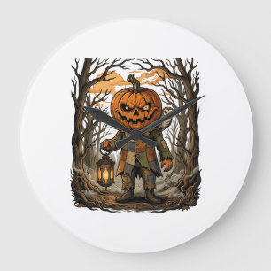 Halloween Creepy Pumpkin Scarecrow Lantern Owl Hau Large Clock