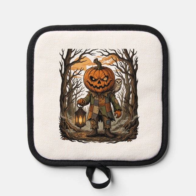 Halloween Creepy Pumpkin Scarecrow Lantern Owl Hau Pot Holder (Front)