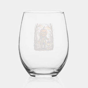 Halloween Creepy Pumpkin Scarecrow Lantern Owl Hau Stemless Wine Glass