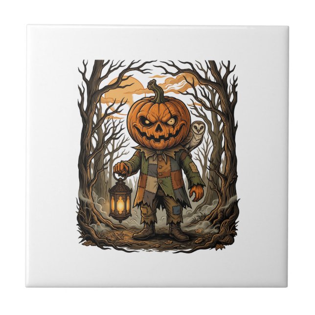 Halloween Creepy Pumpkin Scarecrow Lantern Owl Hau Tile (Front)