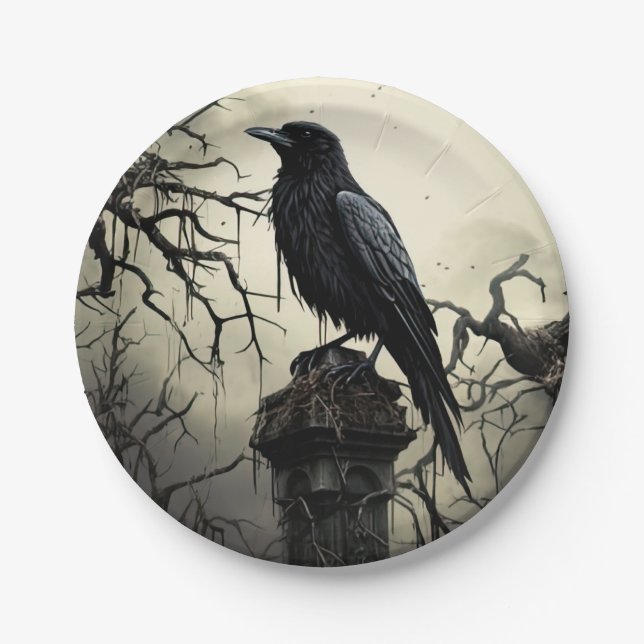 Halloween Creepy Raven Graveyard Cemetery Gothic Paper Plate (Front)