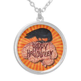 Halloween - Creepy Raven on Brain Silver Plated Necklace