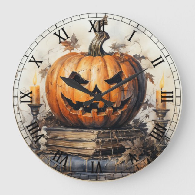  Halloween Creepy Spooky Orange Pumpkin Large Clock (Front)