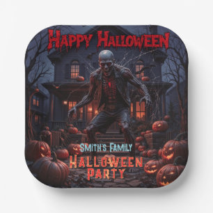 Halloween Creepy Zombie Pumpkin Haunted House Paper Plate