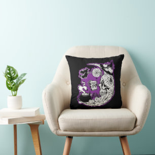 Halloween Crescent Moon Witch Skull Cushion