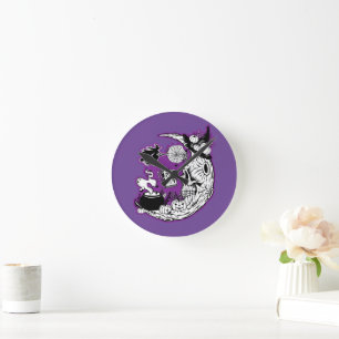 Halloween Crescent Moon Witch Skull Round Clock