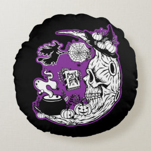 Halloween Crescent Moon Witch Skull Round Cushion