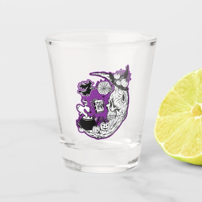 Halloween Crescent Moon Witch Skull Shot Glass (Front)