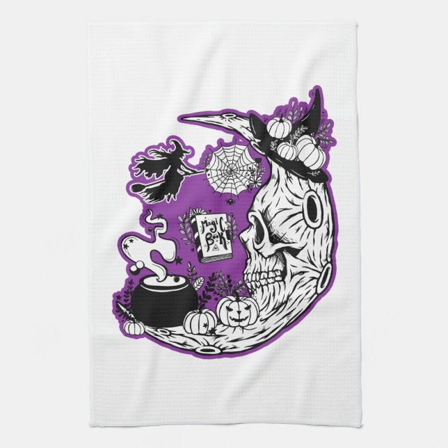 Halloween Crescent Moon Witch Skull Tea Towel (Vertical)