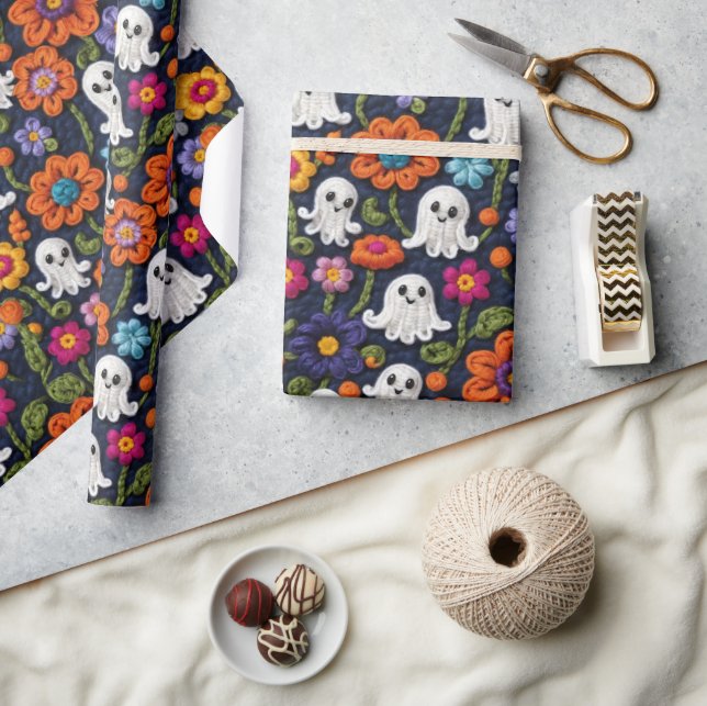 Halloween Crochet Style Ghosts and Flowers Wrapping Paper (Crafts)