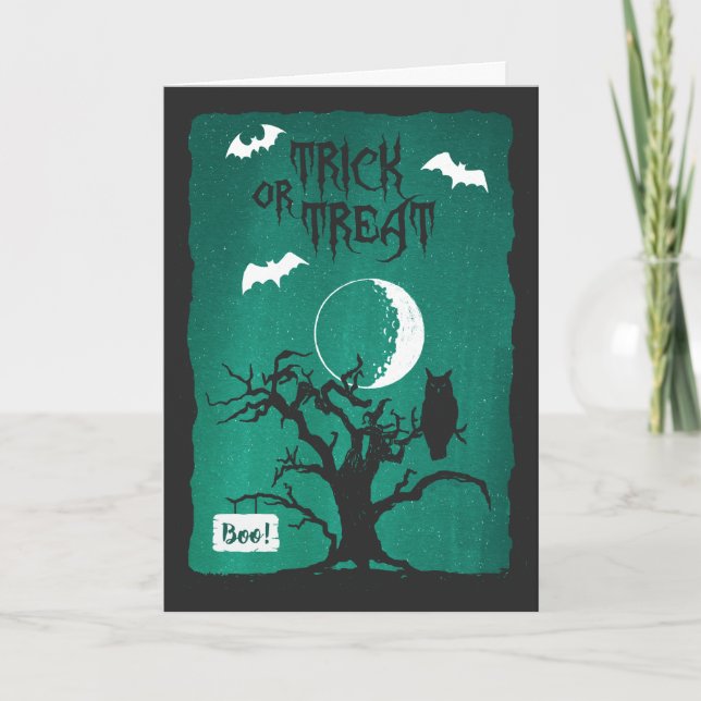 Halloween Crooked Tree Owl Moon Bats Poem Card (Front)