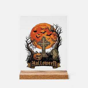 Halloween Cross Gravestone Skull Pumpkin Black Cat Acrylic Sign