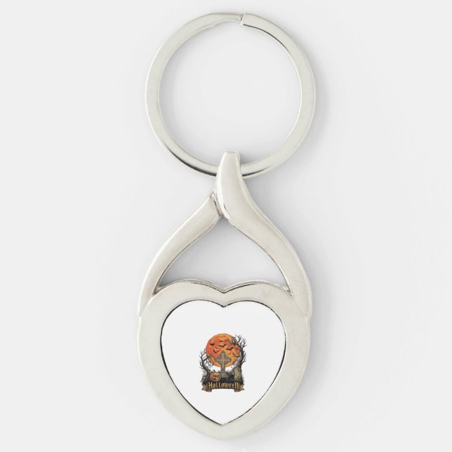 Halloween Cross Gravestone Skull Pumpkin Black Cat Key Ring (Front)