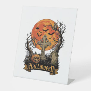 Halloween Cross Gravestone Skull Pumpkin Black Cat Pedestal Sign