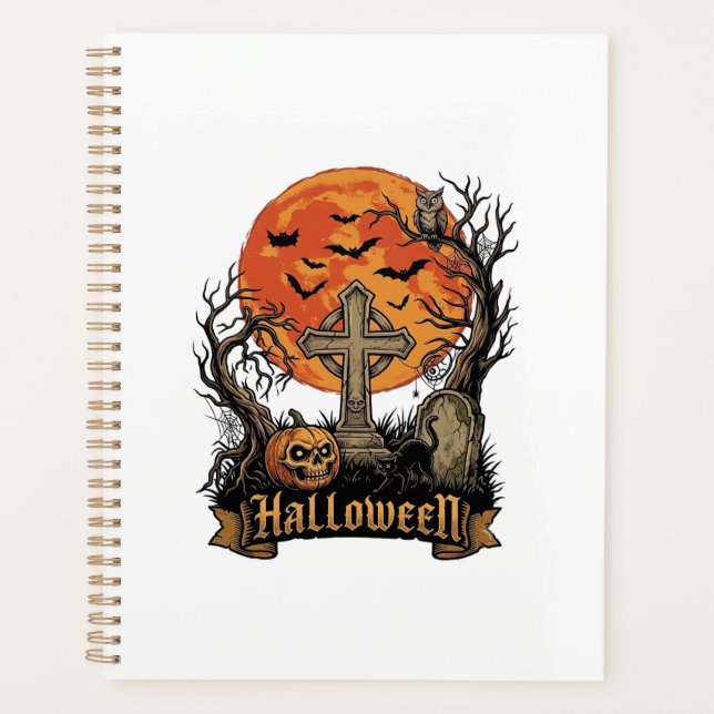 Halloween Cross Gravestone Skull Pumpkin Black Cat Planner (Front)