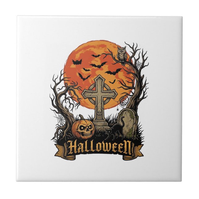 Halloween Cross Gravestone Skull Pumpkin Black Cat Tile (Front)