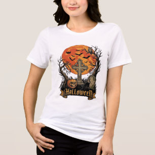 Halloween Cross Gravestone Skull Pumpkin Black Cat Tri-Blend Shirt