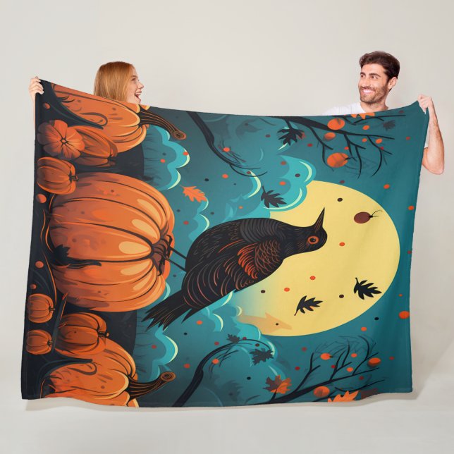 Halloween Crow in the Pumpkin Forest Fleece Blanket (In Situ)