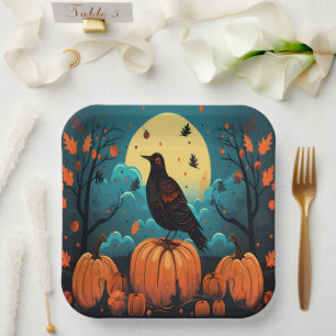 Halloween Crow in the Pumpkin Forest Paper Plate