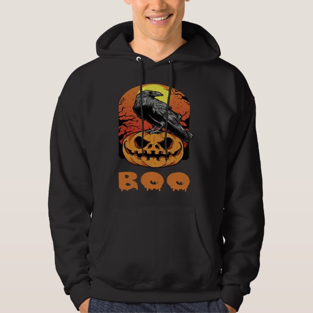 Halloween Crow Raven Moon Pumpkin Costume Boo Hoodie (Front)