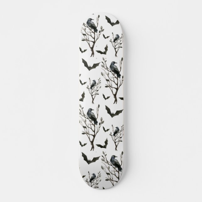 Halloween Crows Bats Black and White Watercolor Skateboard (Front)