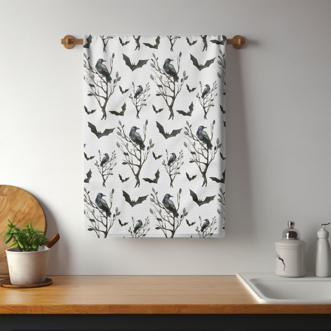 Halloween Crows Bats Black and White Watercolor Tea Towel (Creator Uploaded)