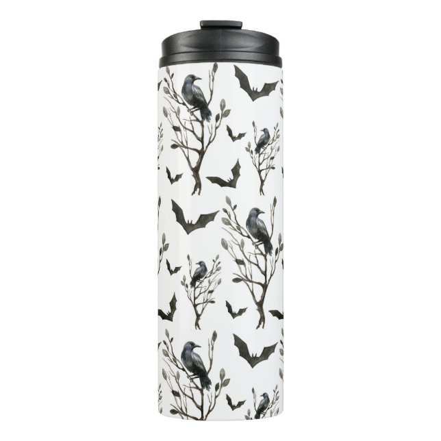 Halloween Crows Bats Black and White Watercolor Thermal Tumbler (Front)