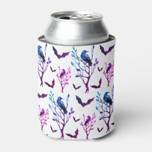 Halloween Crows Bats Pink Purple Watercolor Can Cooler