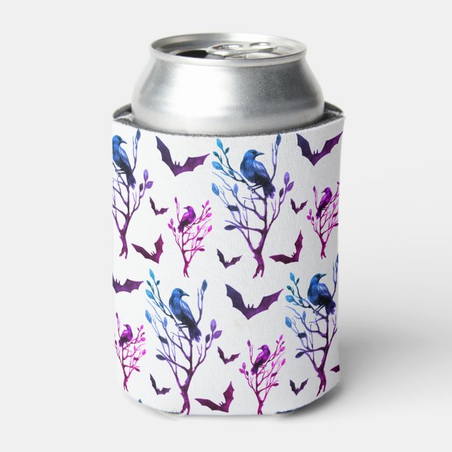 Halloween Crows Bats Pink Purple Watercolor Can Cooler (Can Front)