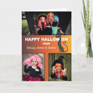 Halloween Custom 3 Photo Name Black Cat Card