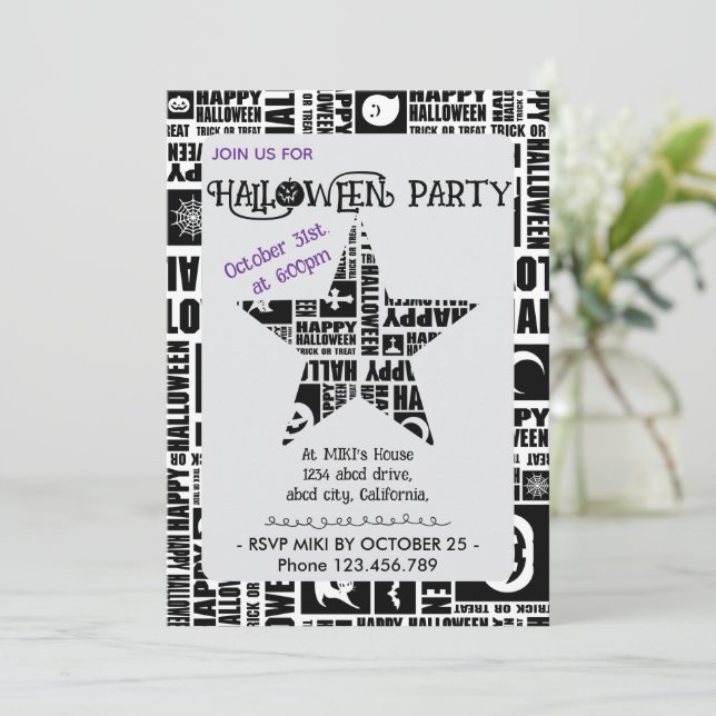 Halloween Custom Cool Whimsical Typography Black  Invitation (Standing Front)