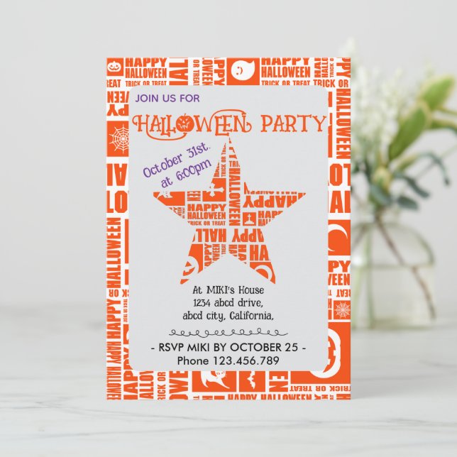 Halloween Custom Cool Whimsical Typography Orange  Invitation (Standing Front)