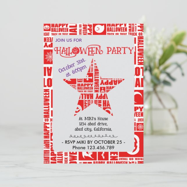 Halloween Custom Cool Whimsical Typography Red Invitation (Standing Front)