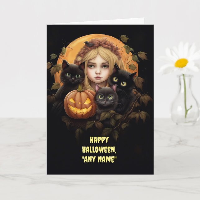 Halloween Custom Name Cute Black Cats and Girl Card (Small Plant)
