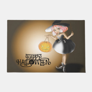 Halloween Custom Whimsical Cute Witch Pumpkin  Doormat
