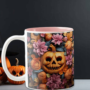 Halloween Cute 3D Pumpkin and Flowers, Pink Two-Tone Coffee Mug