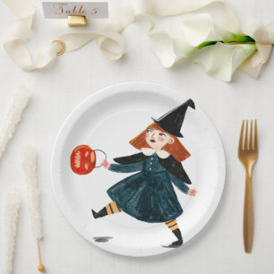 Halloween cute baby shower witch birthday girl paper plate