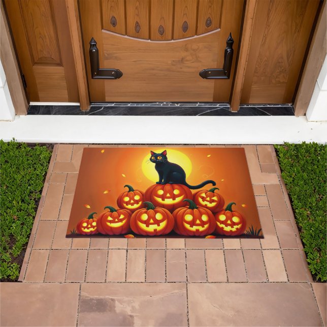 Halloween cute black cat and Jack’s lanterns  Doormat (Outdoor)