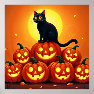Halloween cute black cat and Jack’s lanterns  Poster
