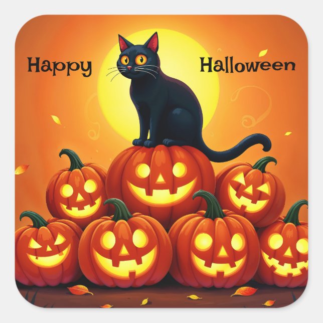 Halloween cute black cat and Jack’s lanterns Square Sticker (Front)