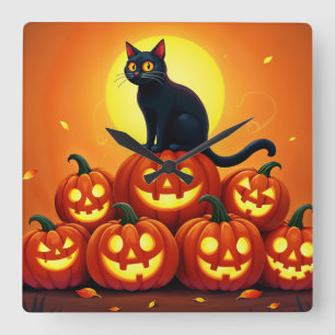 Halloween cute black cat and Jack’s lanterns  Square Wall Clock