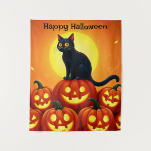 Halloween cute black cat and Jack’s lanterns Tapestry