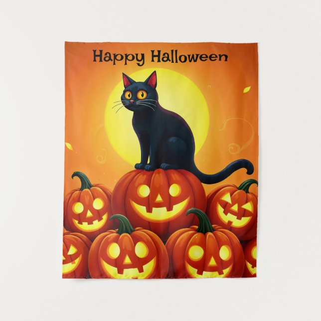 Halloween cute black cat and Jack’s lanterns  Tapestry (Front)
