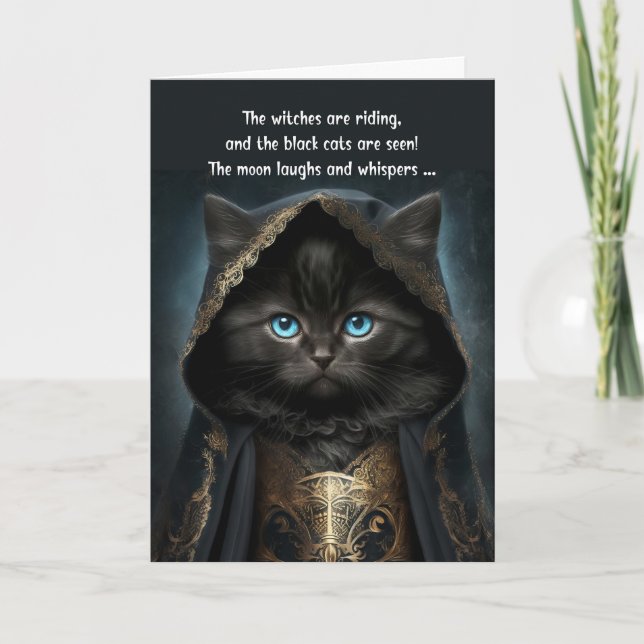 Halloween Cute Black Cat in a Witch Cape with Poem Holiday Card (Front)
