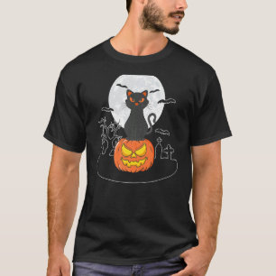 Halloween Cute Black Cat On Pumpkin Full Moon Wome T-Shirt