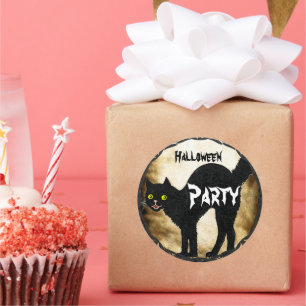 HALLOWEEN Cute Black Cat Printed Burnt Parchment Classic Round Sticker