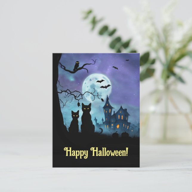 Halloween Cute Black Cats Owls Holiday Postcard (Standing Front)