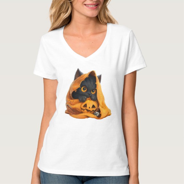 Halloween Cute Black Kitten T-Shirt (Front)