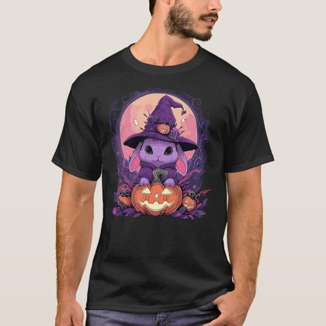 Halloween Cute Bunny Rabbit Witch Hat Jack o Lante T-Shirt (Front)