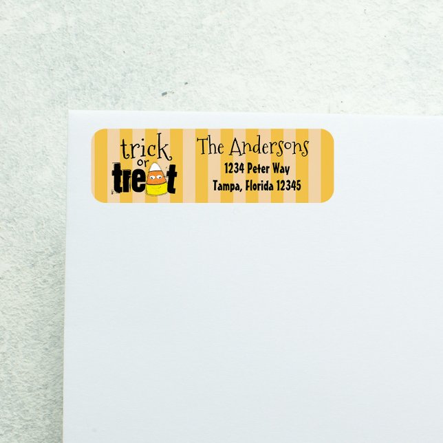 Halloween Cute Candy Corn Smiling Whimsical (Trick or treat Halloween return label with candy corn and orange striped background.)